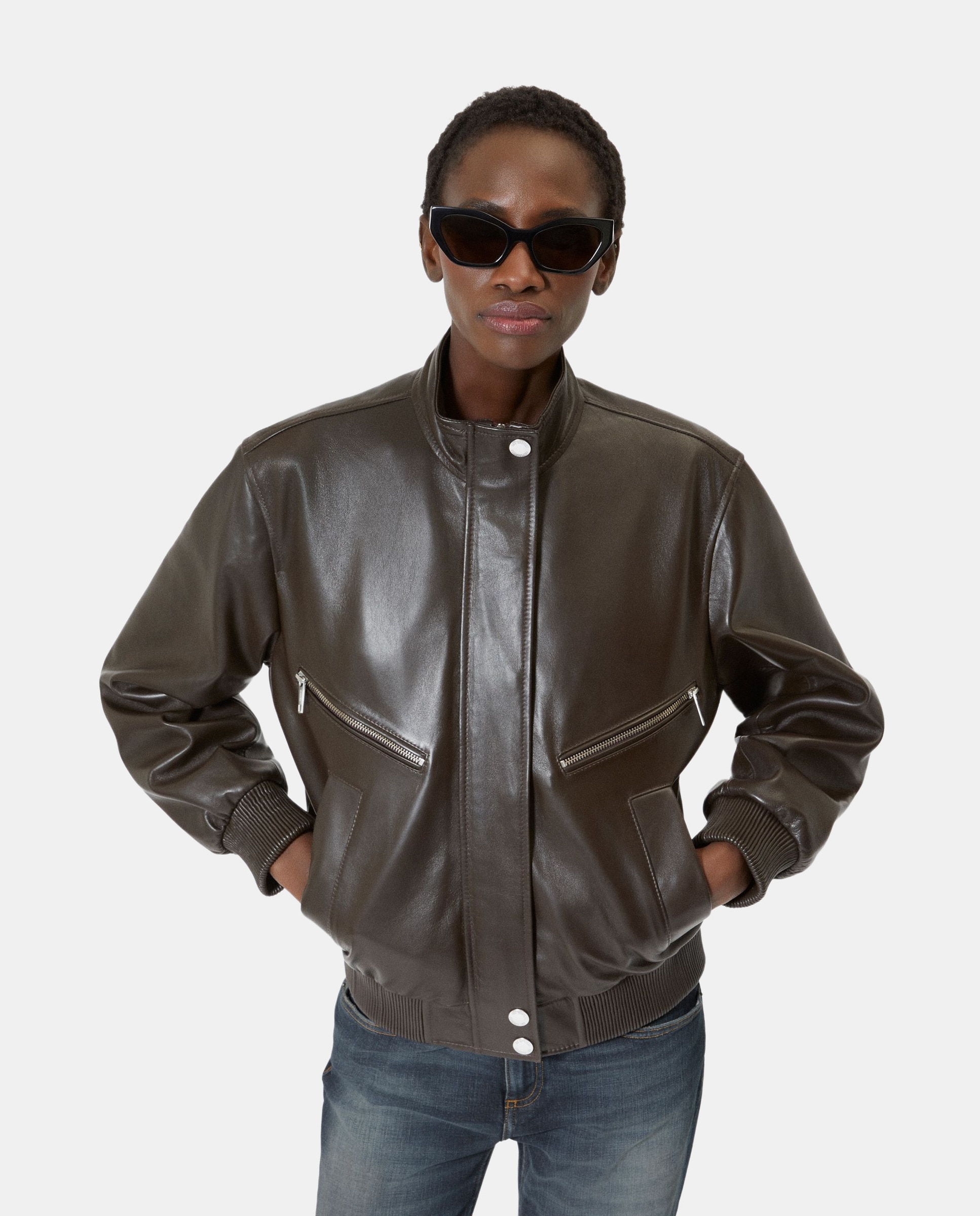 Chaqueta de cuero de mujer con cremallera Marrón oscuro The