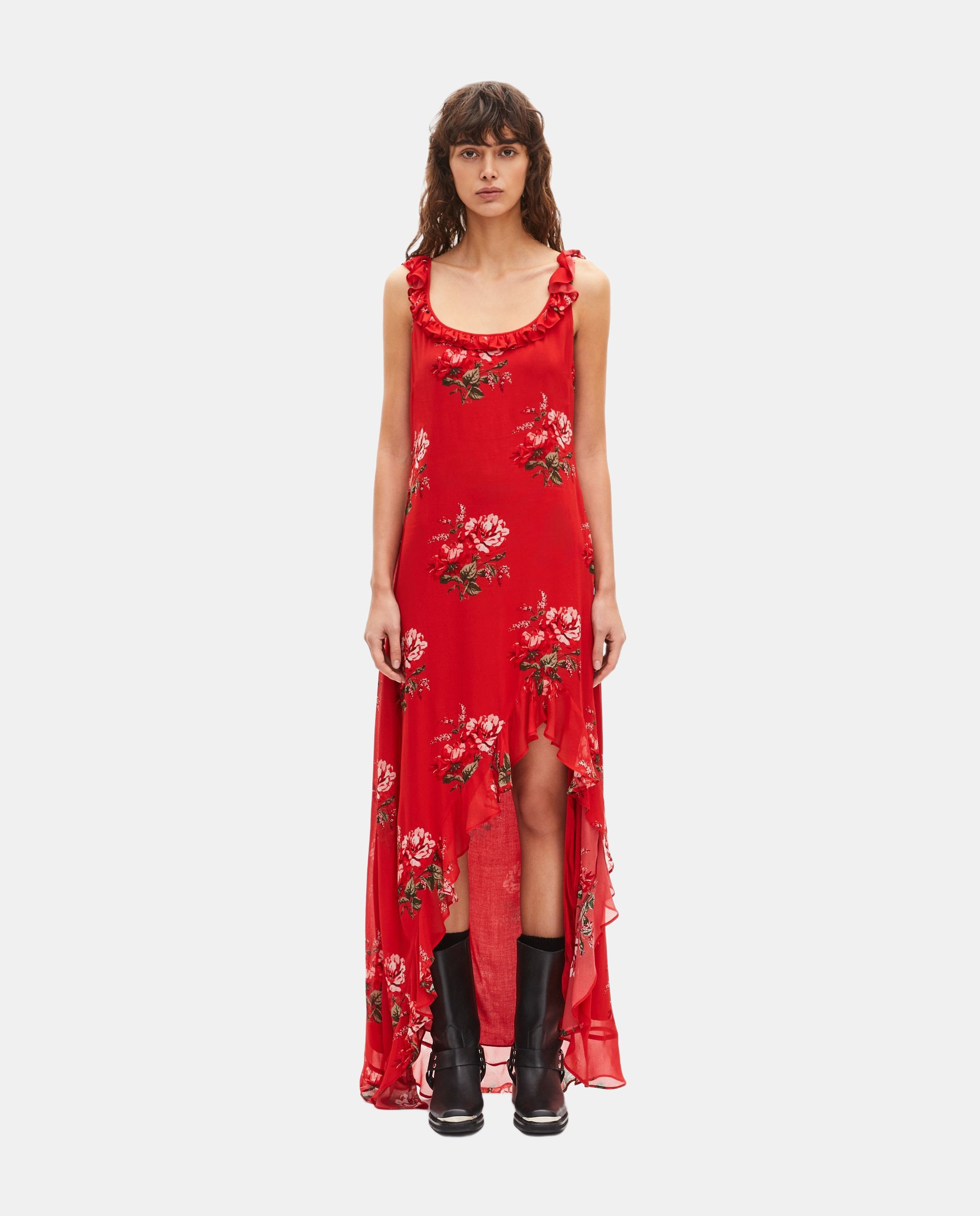 Vestido largo con estampado floral y volantes