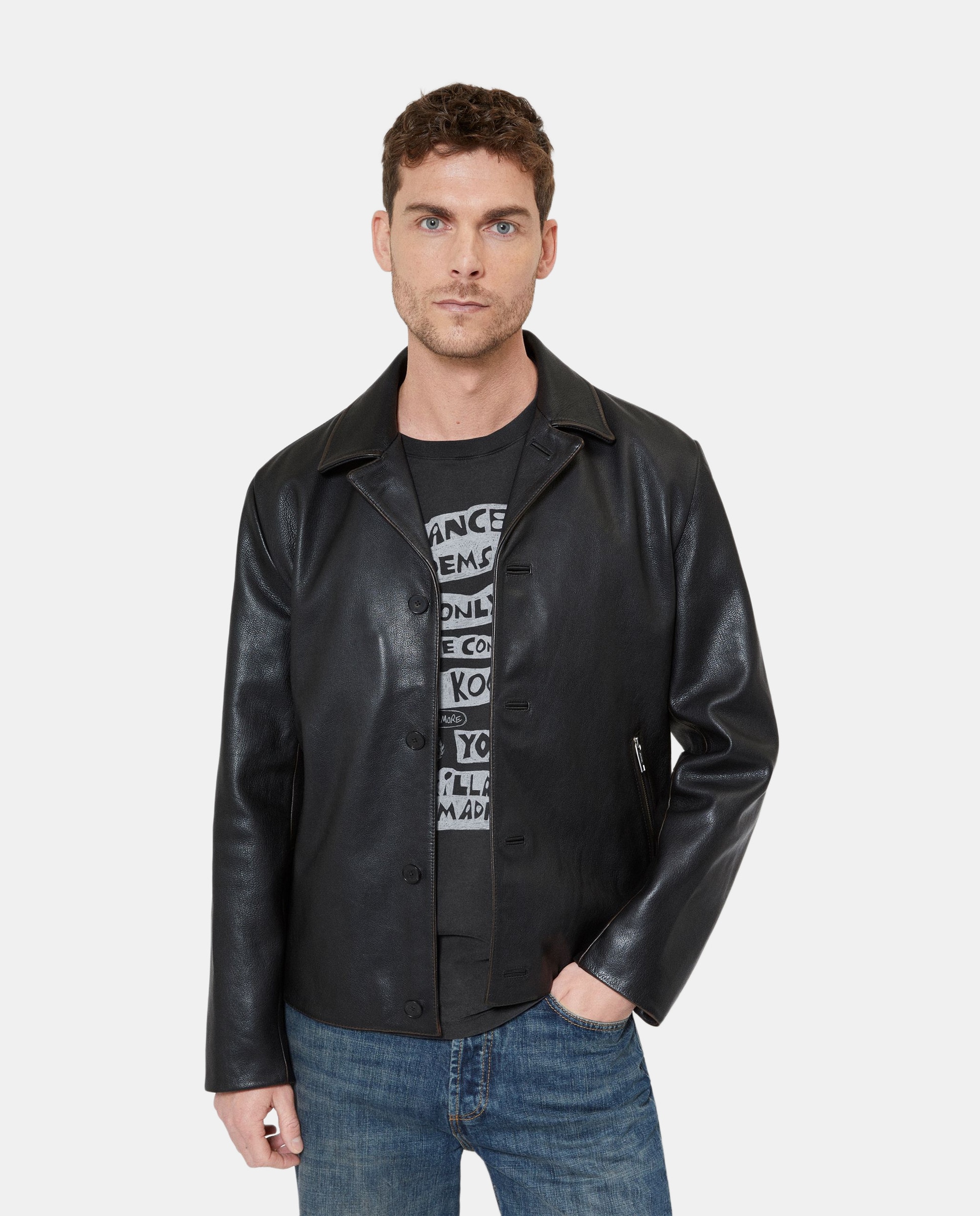 The Kooples - Chaqueta de cuero con cuello sastre.