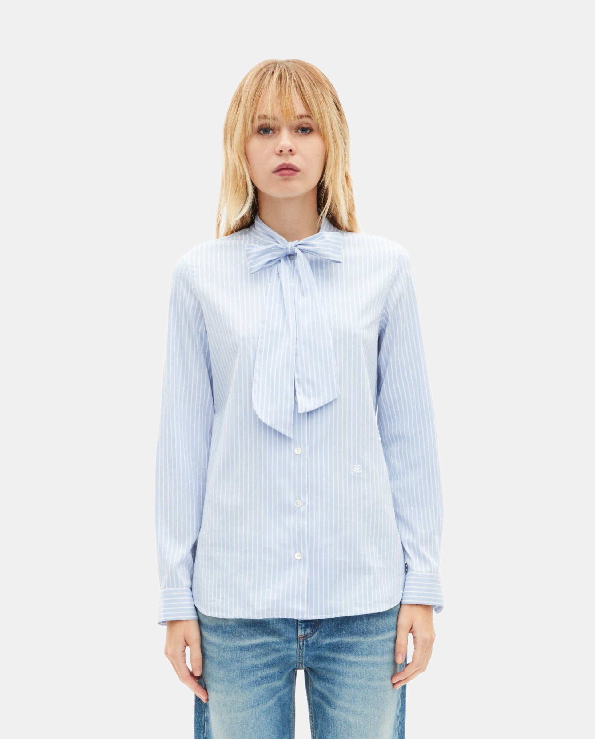 The Kooples - Camisa de rayas en mezcla de algodón con cuello lavaliere.