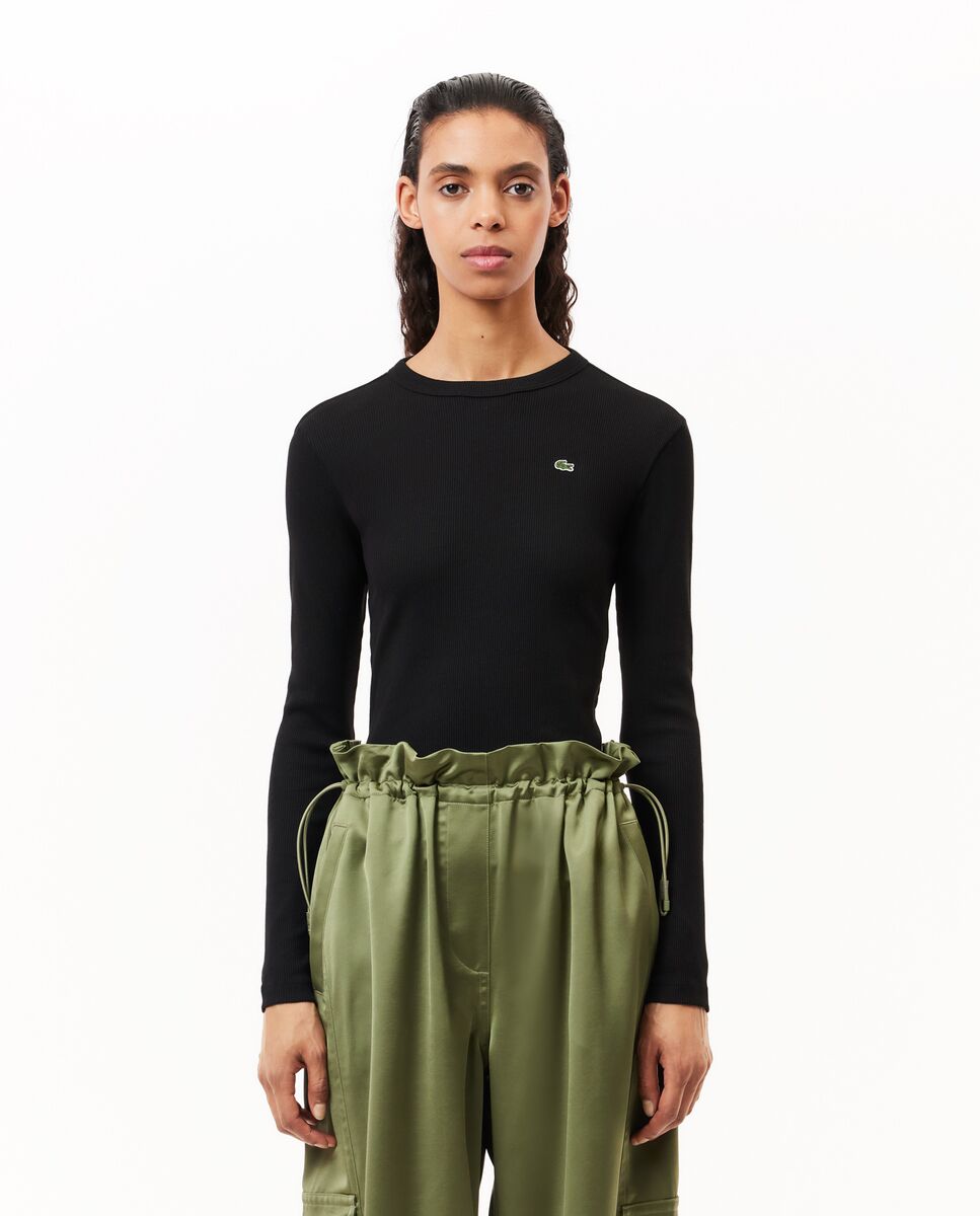 Camiseta de mujer de canalé de algodón de corte ajustado de manga larga - Lacoste - Negro Negro-1