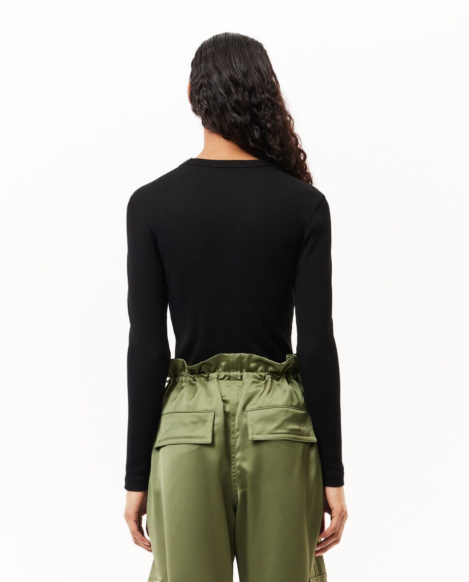 Camiseta de mujer de canalé de algodón de corte ajustado de manga larga - Lacoste - Negro Negro-2