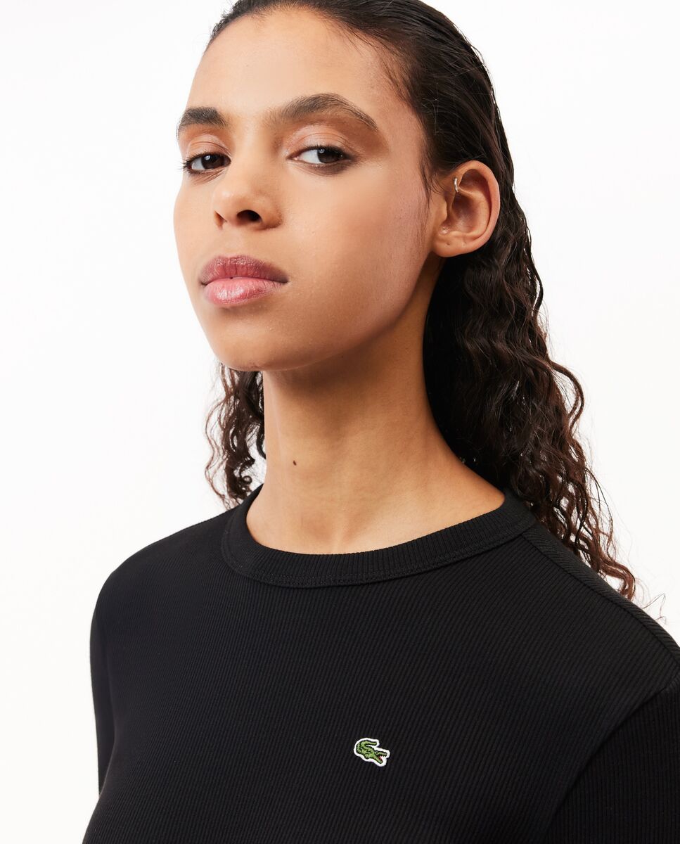 Camiseta de mujer de canalé de algodón de corte ajustado de manga larga - Lacoste - Negro Negro-3
