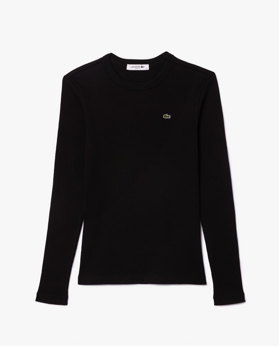 Camiseta de mujer de canalé de algodón de corte ajustado de manga larga - Lacoste - Negro Negro-5