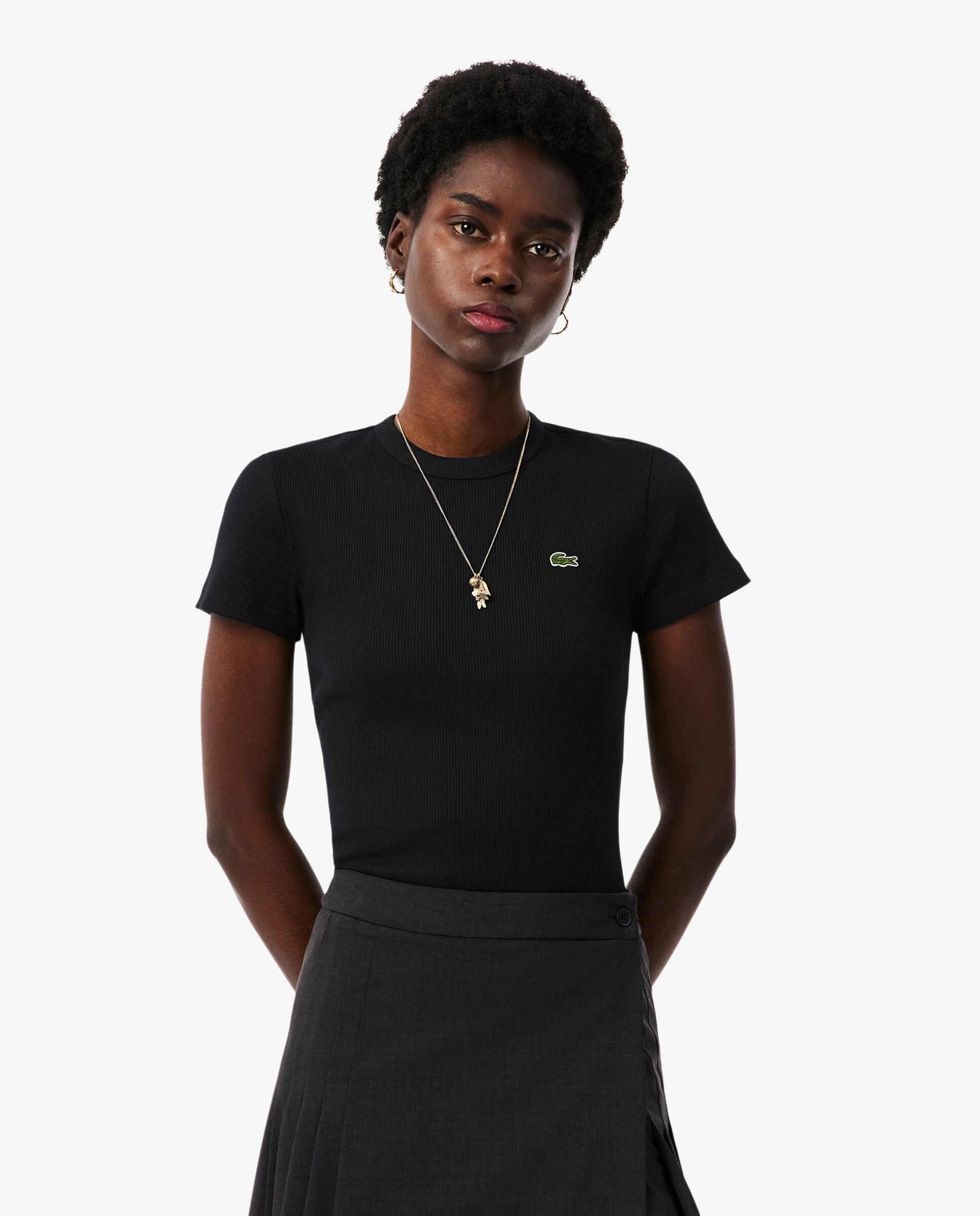 Camiseta de mujer de canalé de algodón de corte ajustado de manga corta - Lacoste - Negro Negro-1