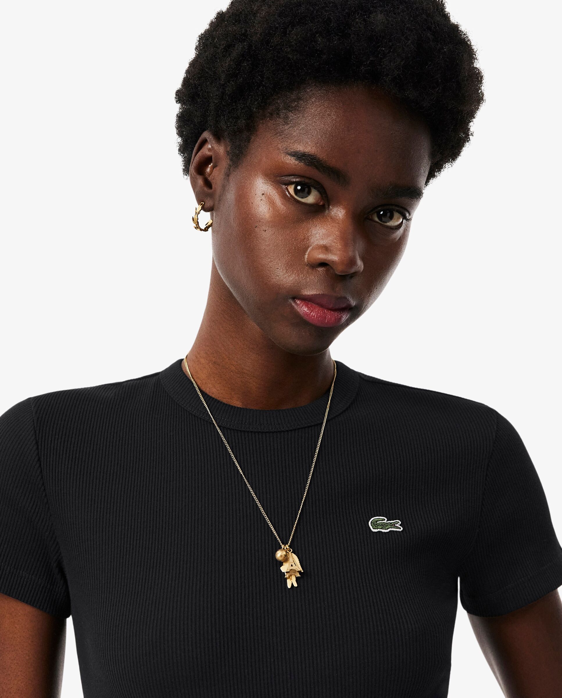 Camiseta de mujer de canalé de algodón de corte ajustado de manga corta - Lacoste - Negro Negro-3