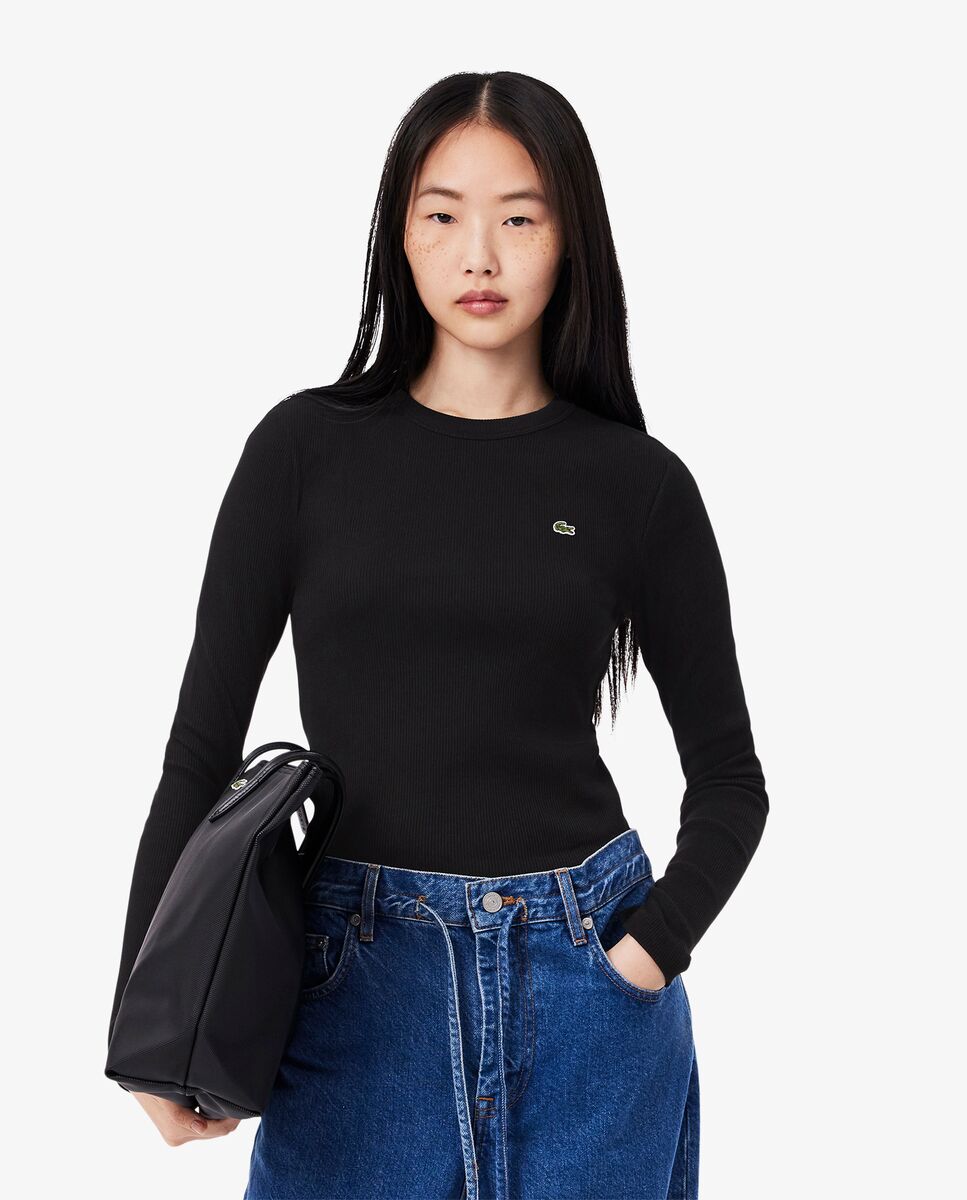 Camiseta de mujer de canalé de algodón de corte ajustado de manga larga - Lacoste - Azul oscuro Azul oscuro-1