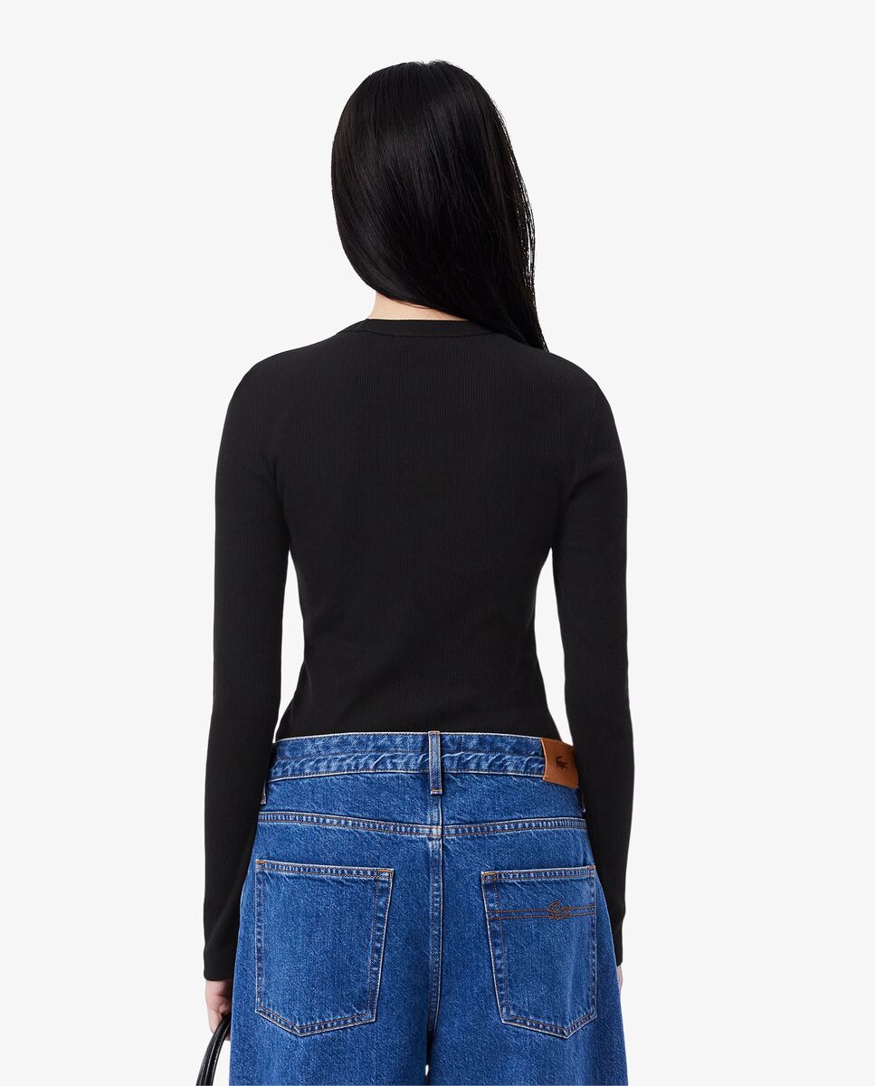 Camiseta de mujer de canalé de algodón de corte ajustado de manga larga - Lacoste - Azul oscuro Azul oscuro-2
