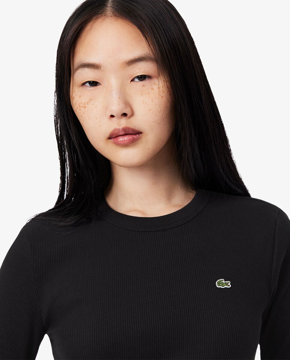 Camiseta de mujer de canalé de algodón de corte ajustado de manga larga - Lacoste - Azul oscuro Azul oscuro-3