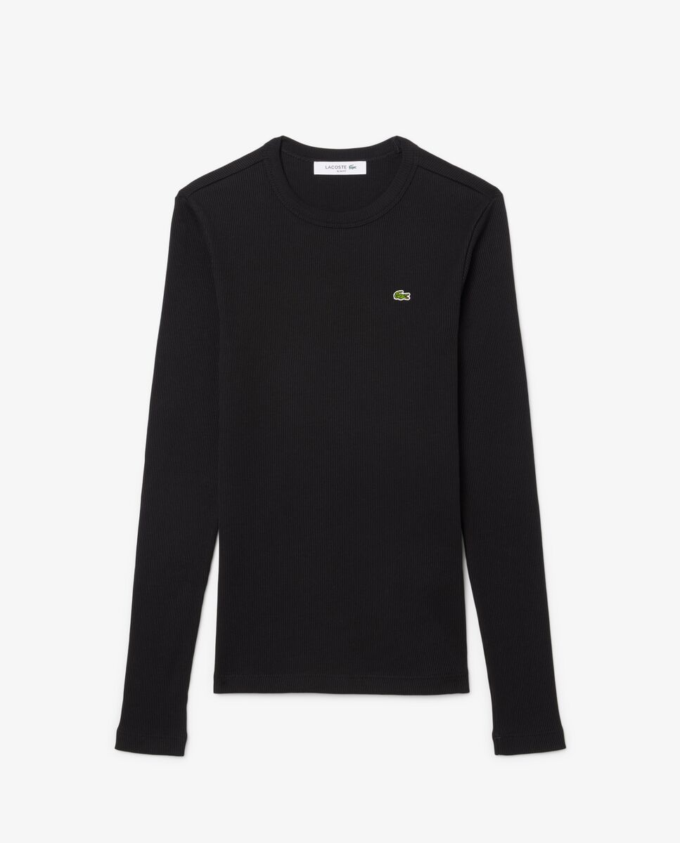 Camiseta de mujer de canalé de algodón de corte ajustado de manga larga - Lacoste - Azul oscuro Azul oscuro-6