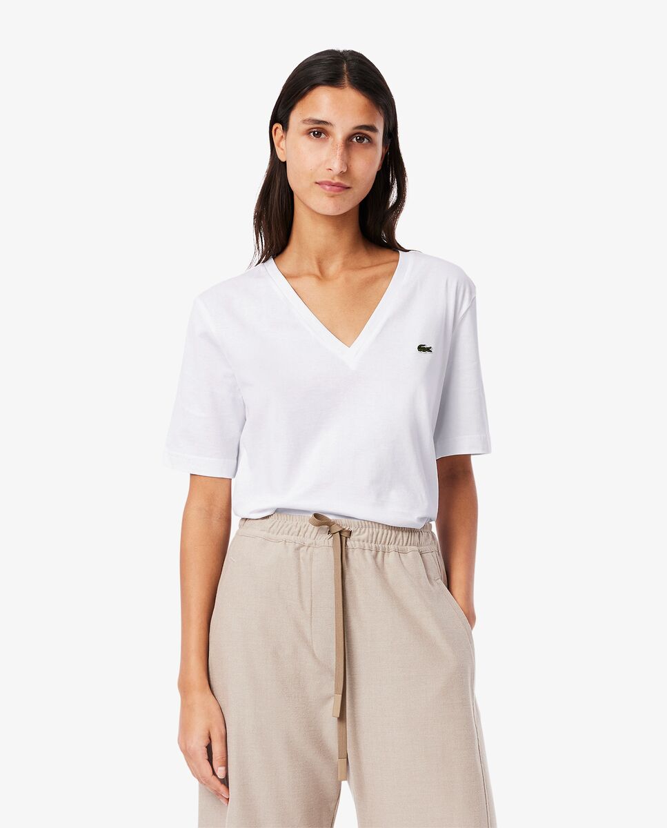 Lacoste - Camiseta de mujer de corte holgado con cuello de pico de algodón suave de manga corta.