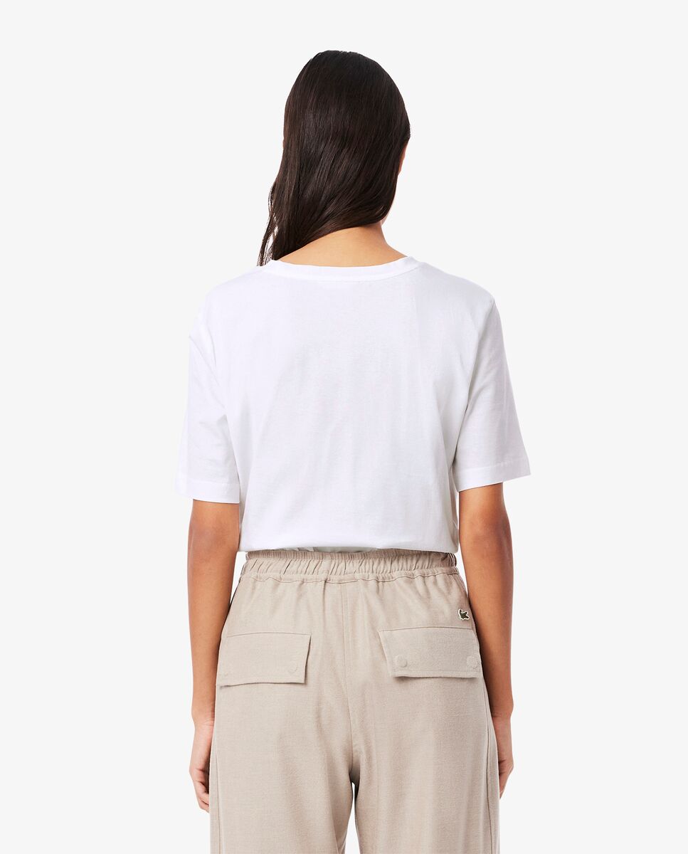 Camiseta de mujer de corte holgado con cuello de pico de algodón suave de manga corta - Lacoste - Blanco Blanco-2