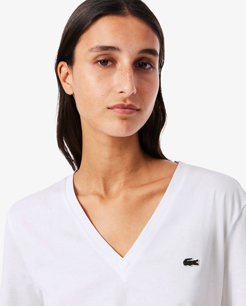 Camiseta de mujer de corte holgado con cuello de pico de algodón suave de manga corta - Lacoste - Blanco Blanco-3