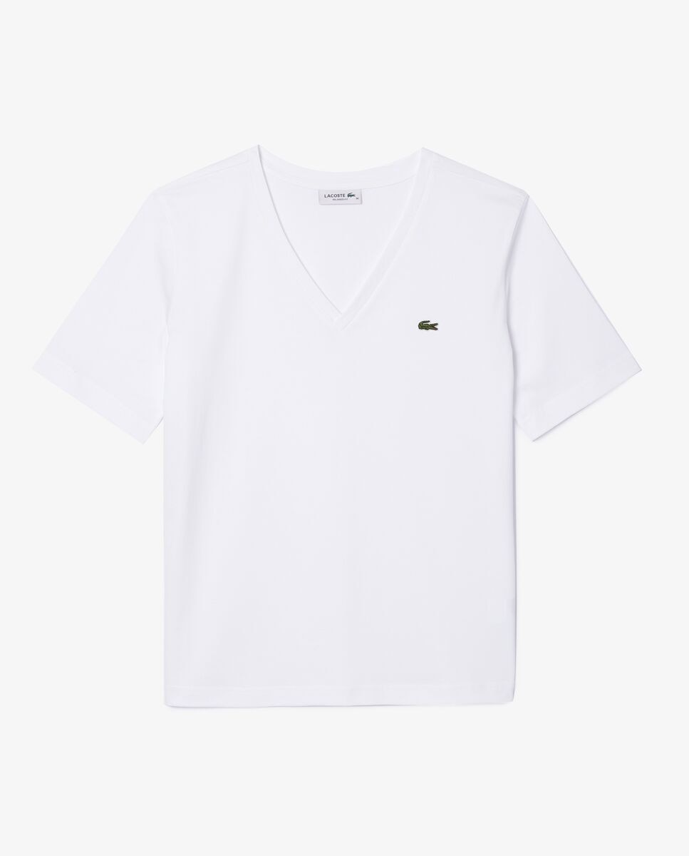Camiseta de mujer de corte holgado con cuello de pico de algodón suave de manga corta - Lacoste - Blanco Blanco-6