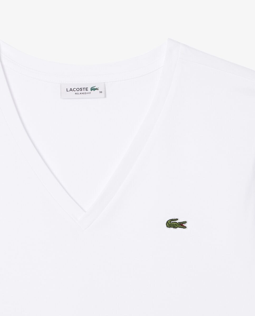 Camiseta de mujer de corte holgado con cuello de pico de algodón suave de manga corta - Lacoste - Blanco Blanco-5