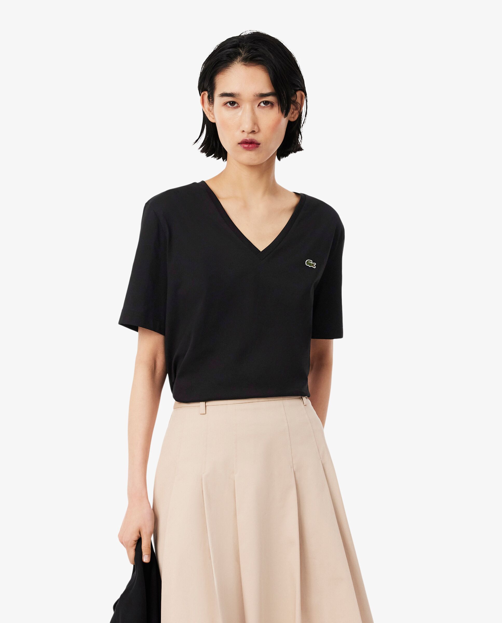 Camiseta de mujer de corte holgado con cuello de pico de algodón suave de manga corta - Lacoste - Negro Negro-1