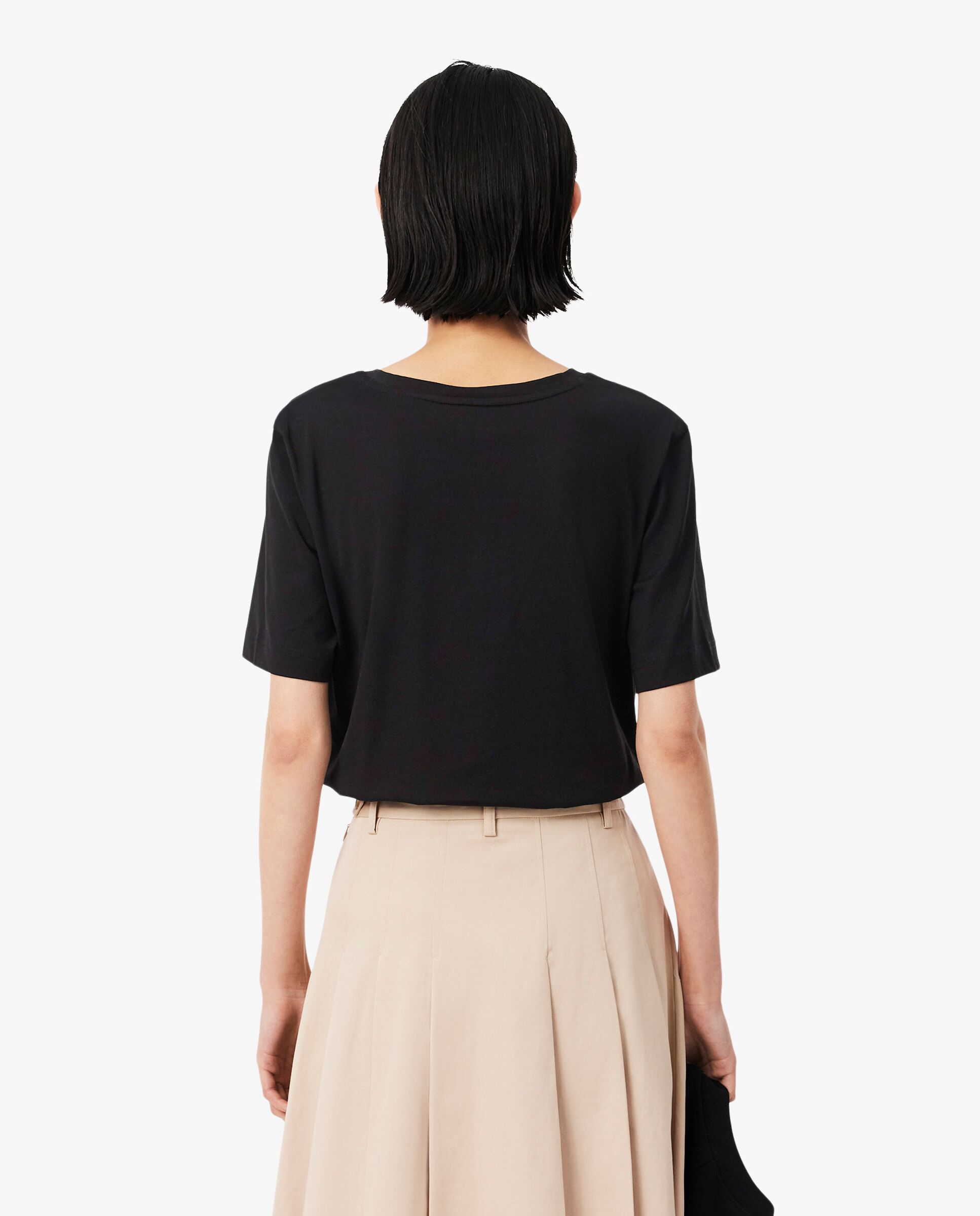 Camiseta de mujer de corte holgado con cuello de pico de algodón suave de manga corta - Lacoste - Negro Negro-2