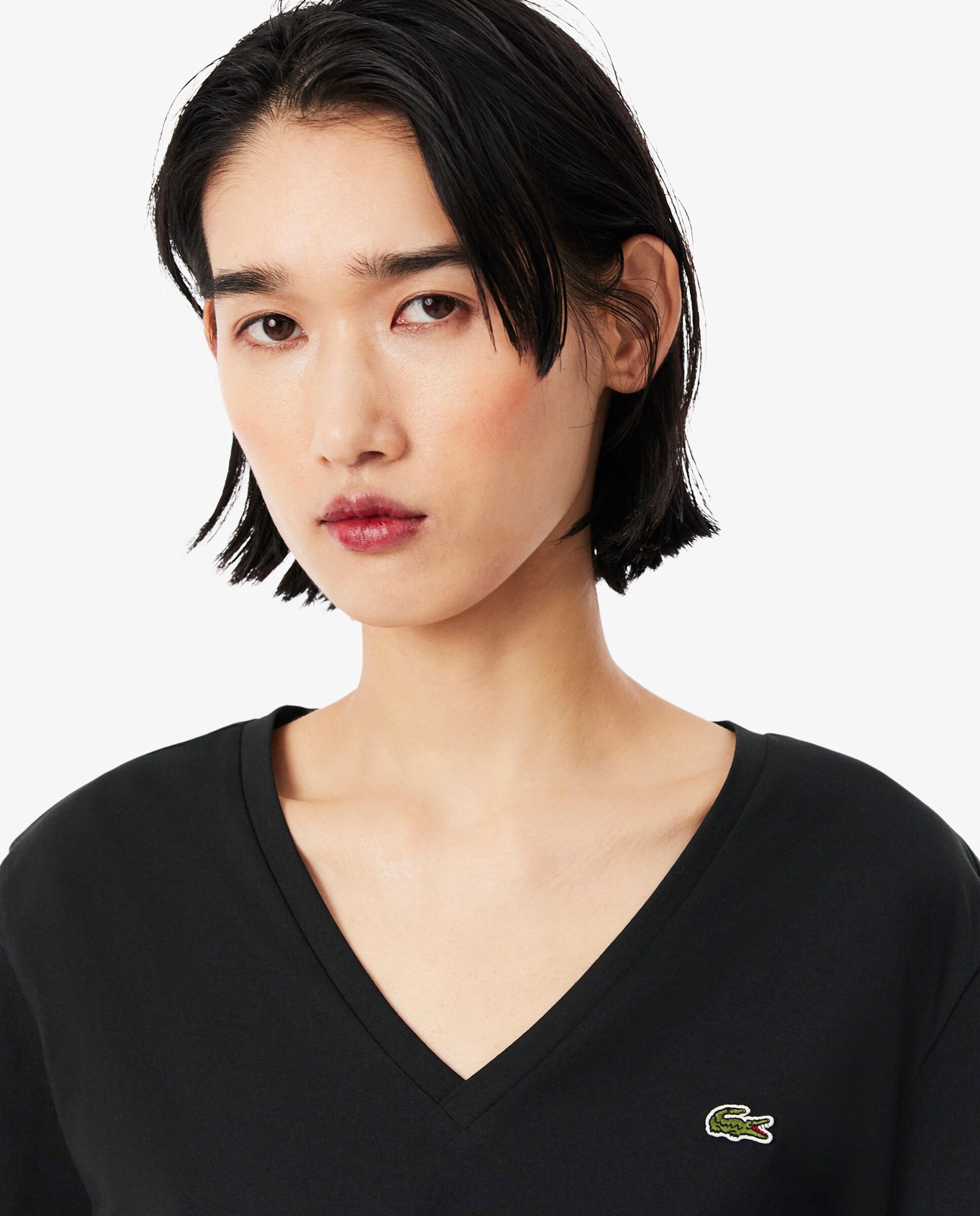 Camiseta de mujer de corte holgado con cuello de pico de algodón suave de manga corta - Lacoste - Negro Negro-3