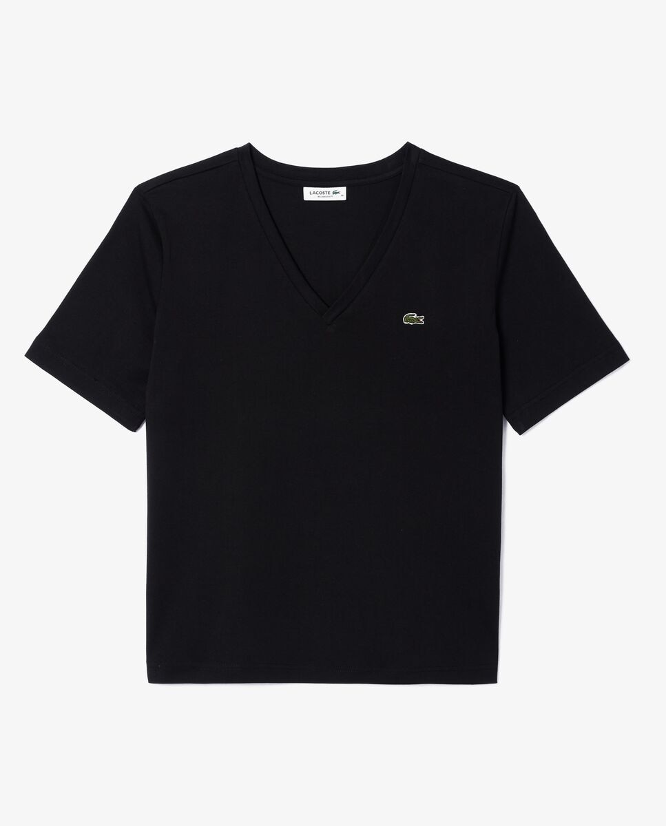 Camiseta de mujer de corte holgado con cuello de pico de algodón suave de manga corta - Lacoste - Negro Negro-6