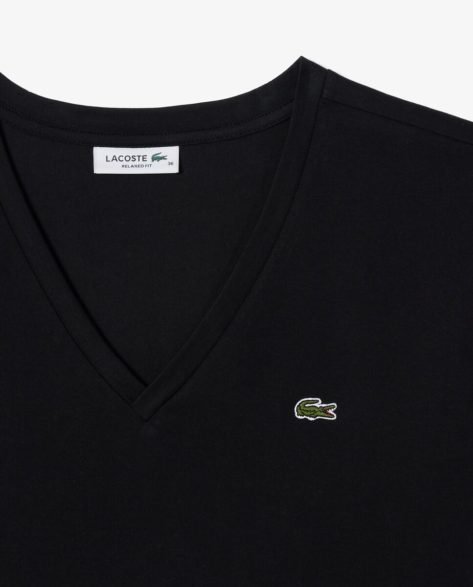 Camiseta de mujer de corte holgado con cuello de pico de algodón suave de manga corta - Lacoste - Negro Negro-5