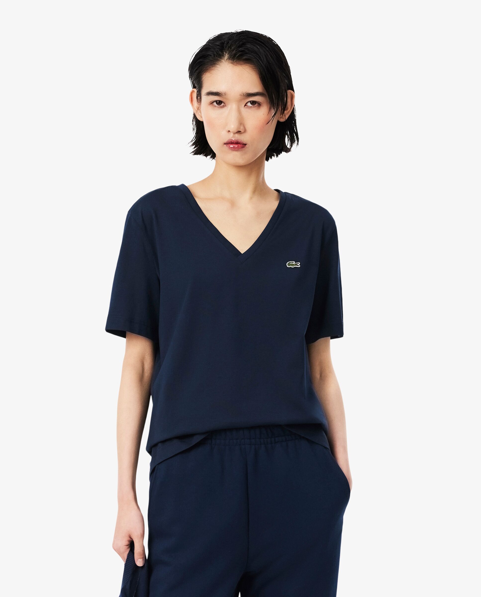 Camiseta de mujer de corte holgado con cuello de pico de algodón suave de manga corta - Lacoste - Azul marino Azul marino-1