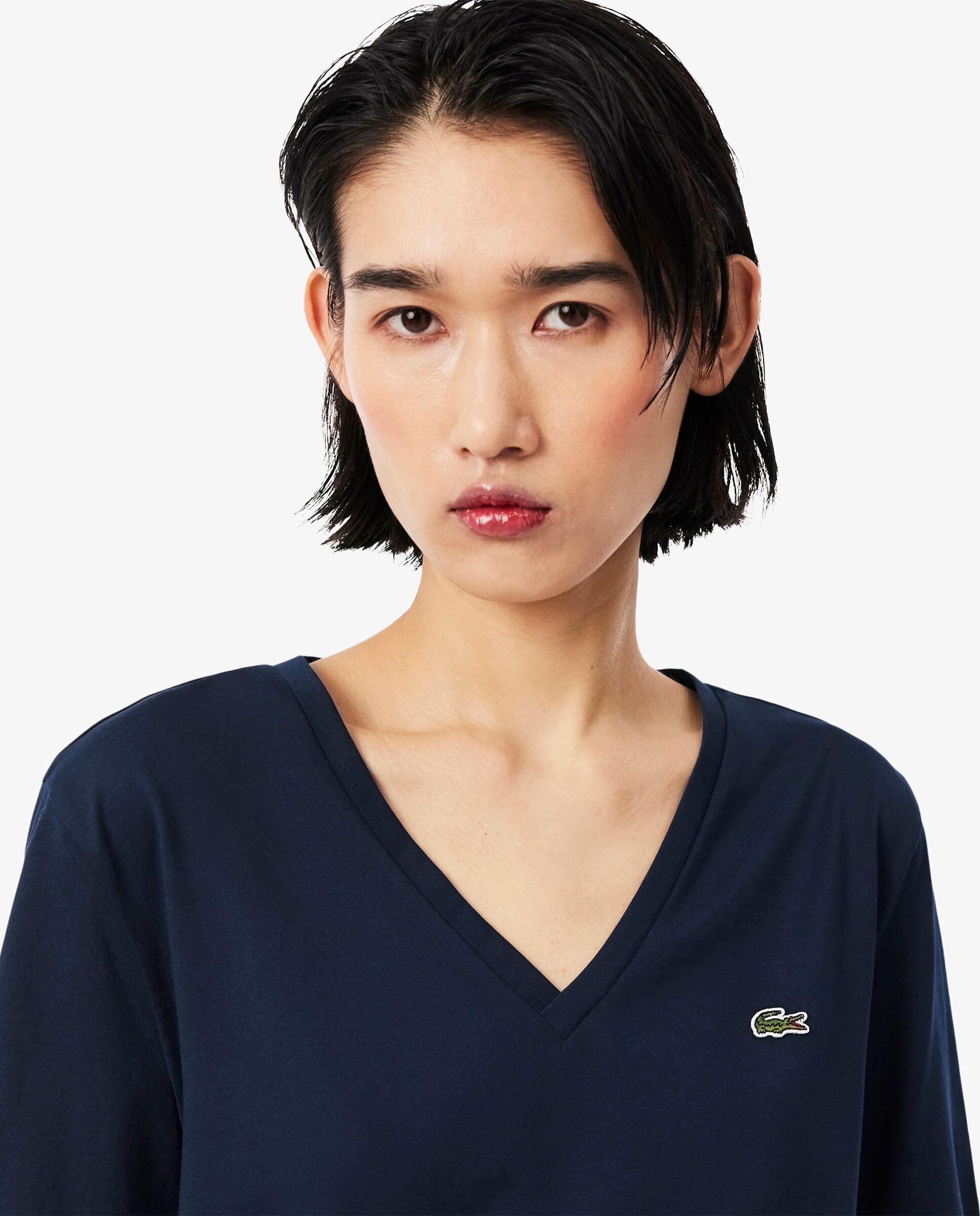 Camiseta de mujer de corte holgado con cuello de pico de algodón suave de manga corta - Lacoste - Azul marino Azul marino-3