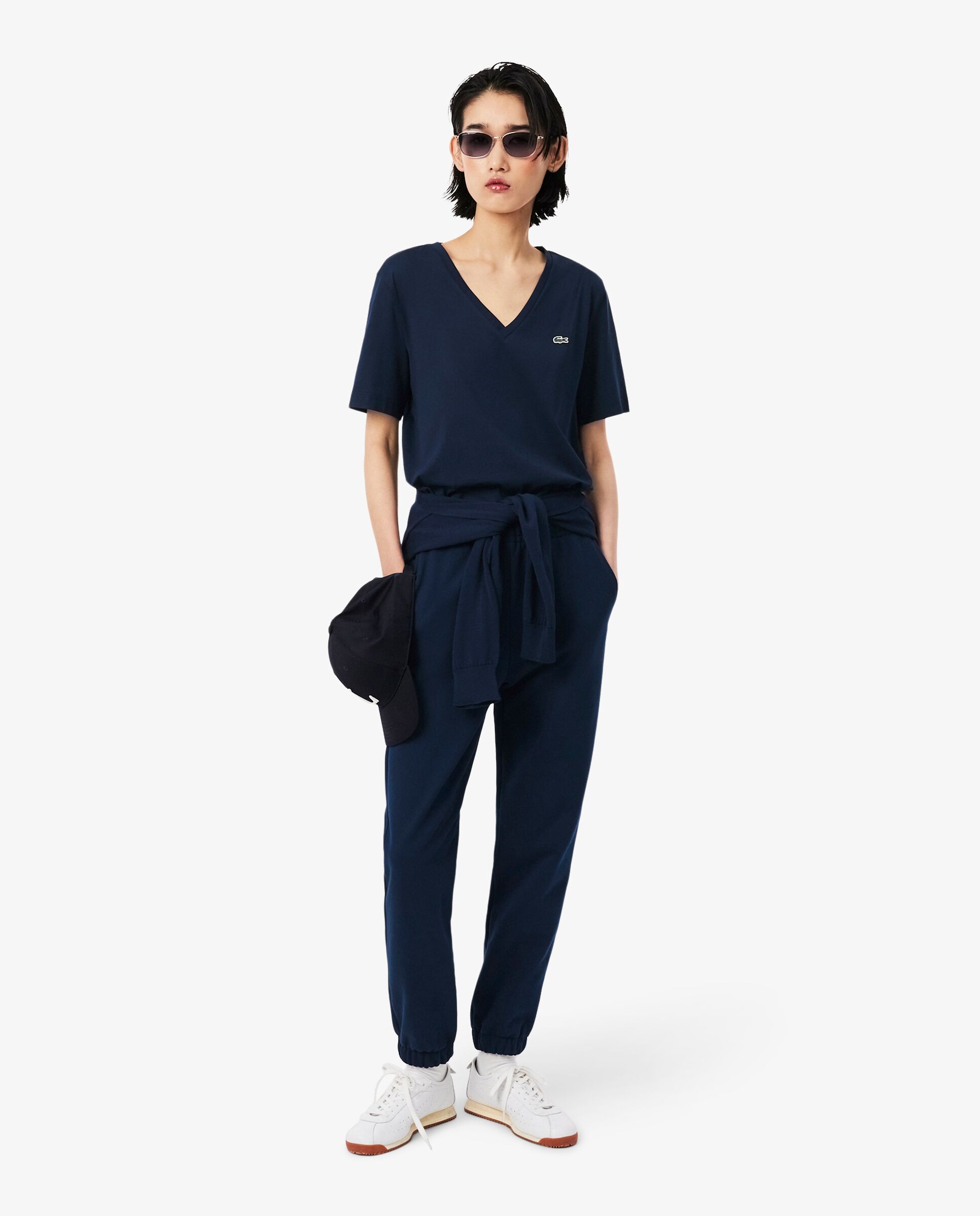 Camiseta de mujer de corte holgado con cuello de pico de algodón suave de manga corta - Lacoste - Azul marino Azul marino-4