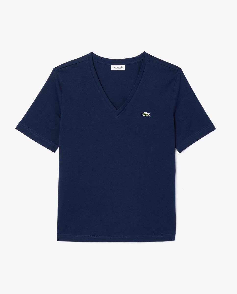 Camiseta de mujer de corte holgado con cuello de pico de algodón suave de manga corta - Lacoste - Azul marino Azul marino-6