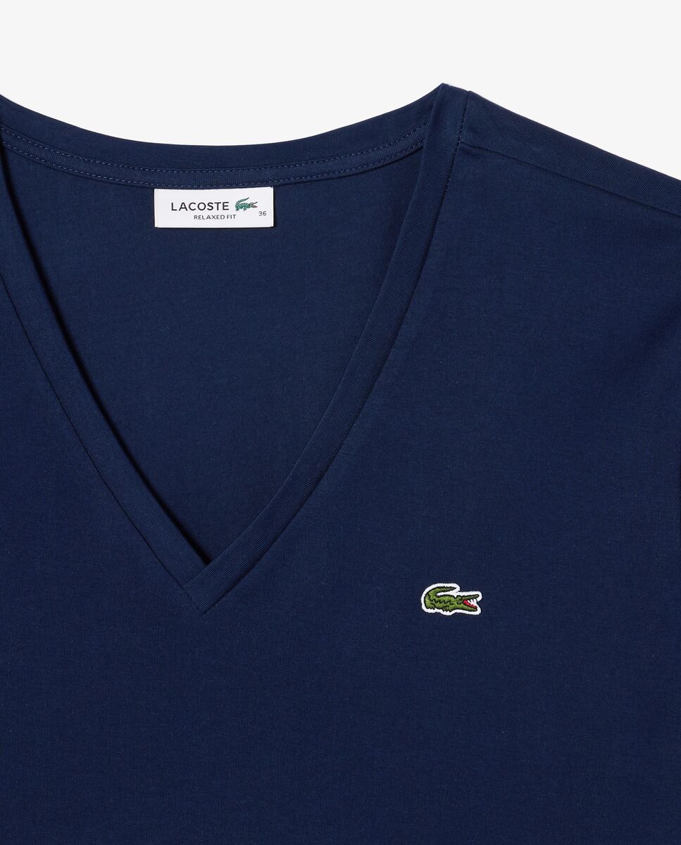 Camiseta de mujer de corte holgado con cuello de pico de algodón suave de manga corta - Lacoste - Azul marino Azul marino-5