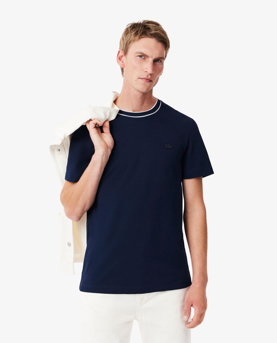 Lacoste - Camiseta de hombre de piqué elástico con cuello de rayas de manga corta.