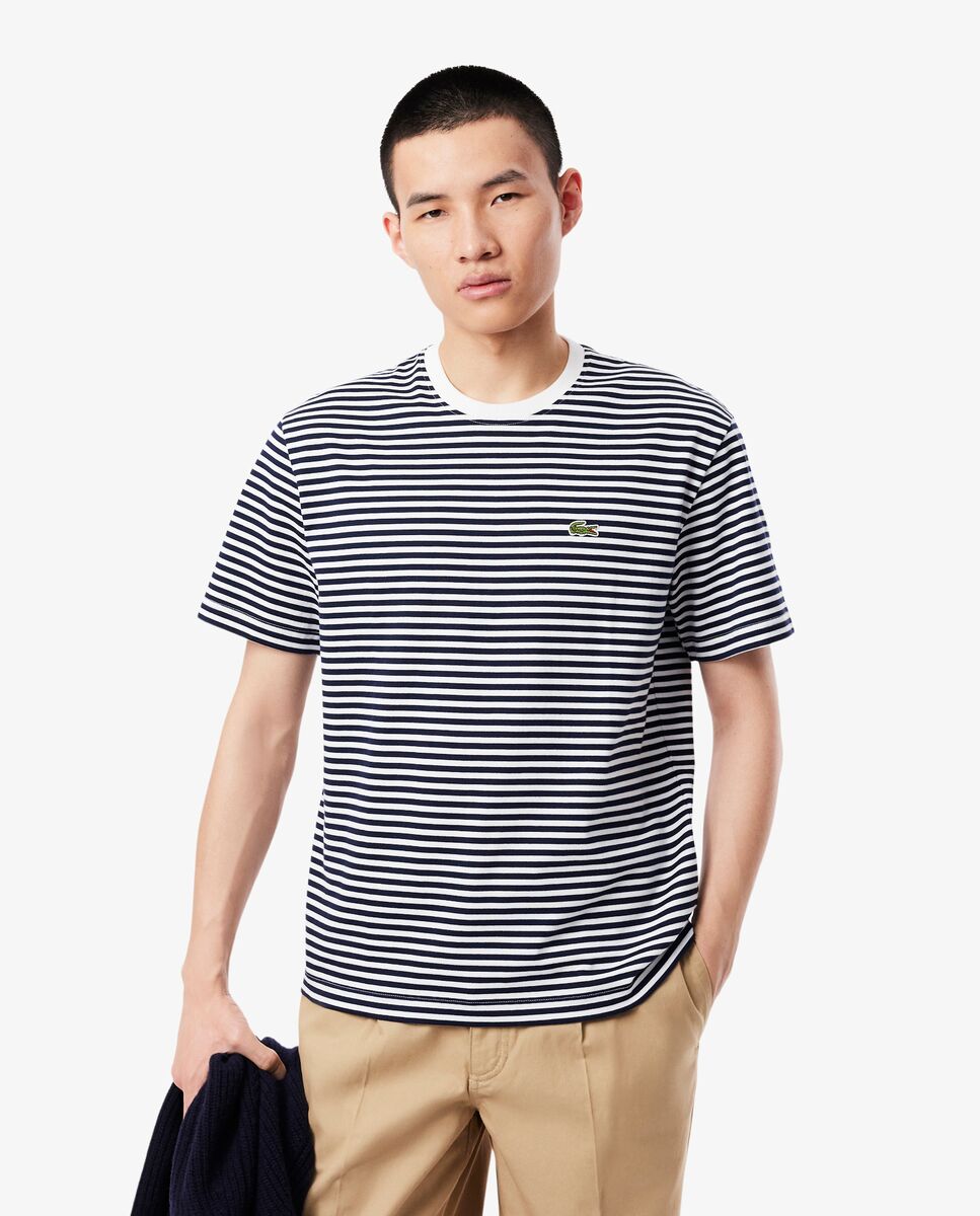 Lacoste - Camiseta de hombre de algodón grueso de rayas de manga corta.