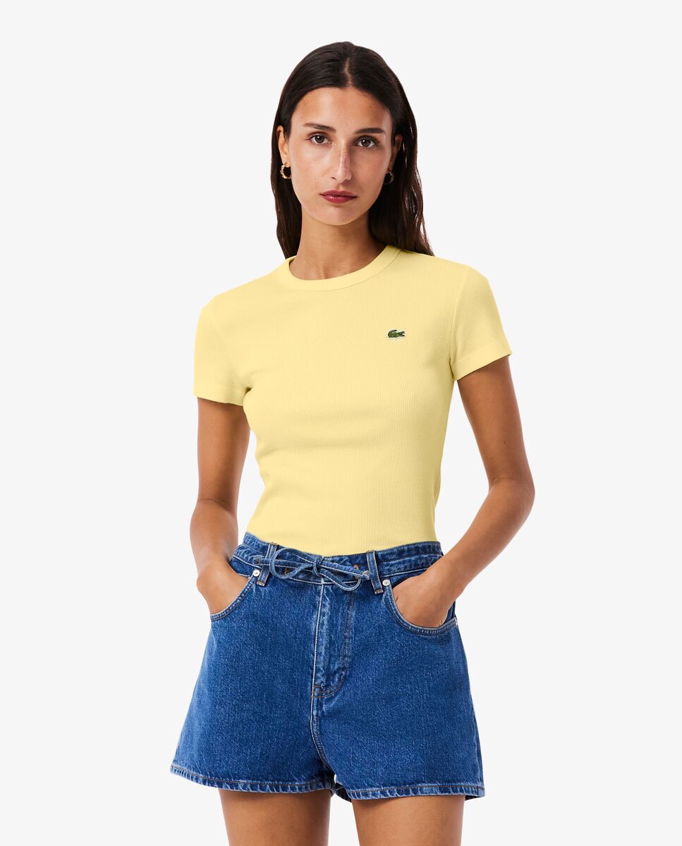 Camiseta de mujer de canalé de algodón de corte ajustado de manga corta - Lacoste - Amarillo Amarillo-1