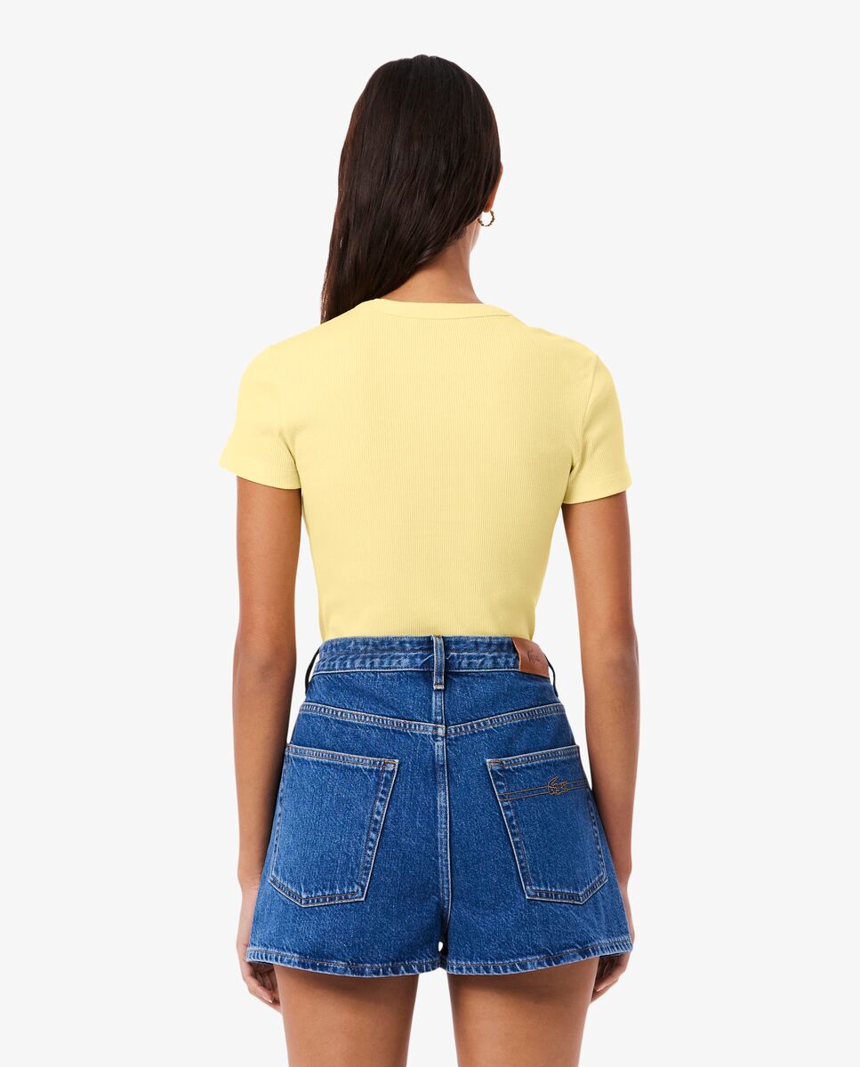 Camiseta de mujer de canalé de algodón de corte ajustado de manga corta - Lacoste - Amarillo Amarillo-2