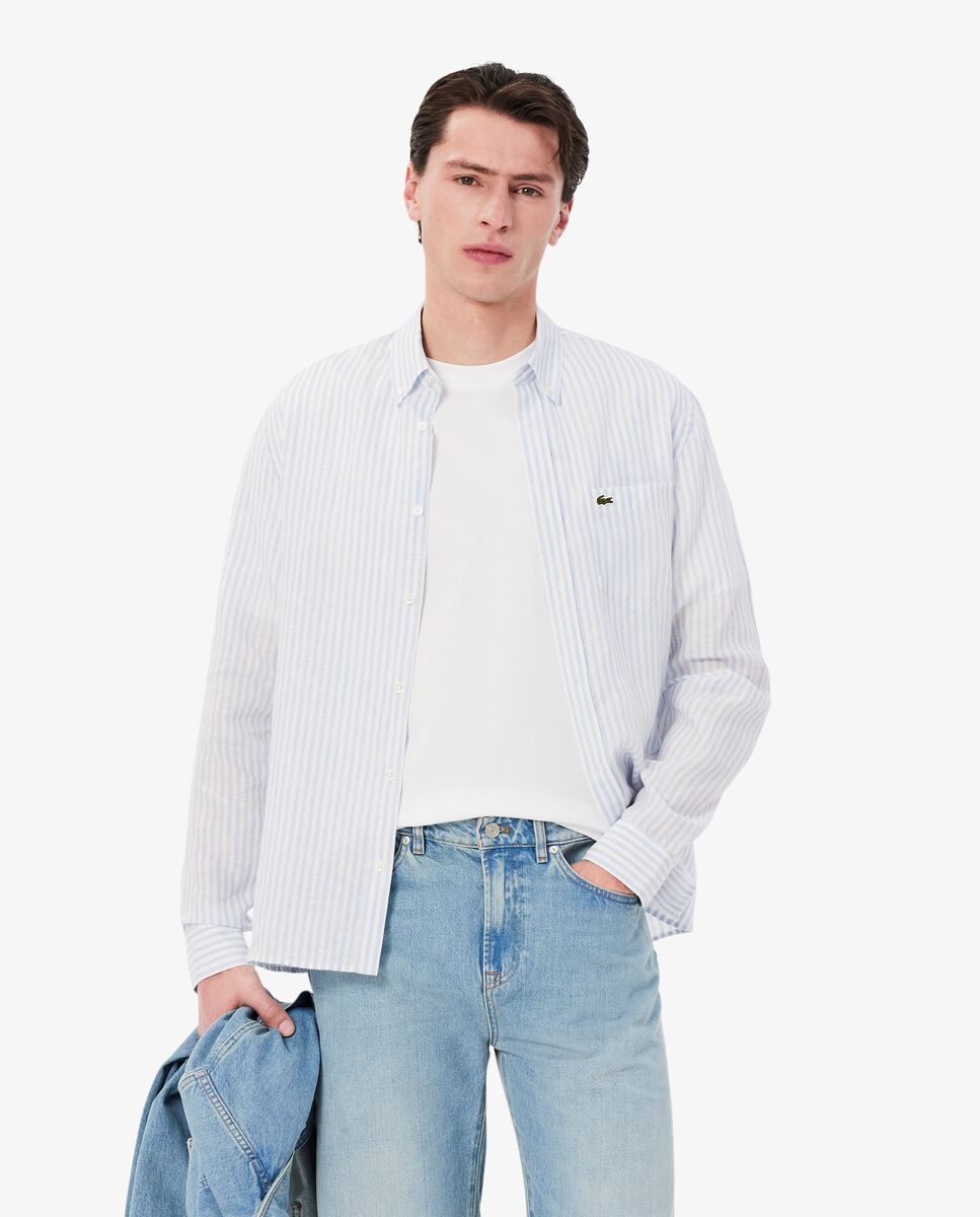 Lacoste - Camisa de hombre de lino de corte regular de rayas de manga larga.