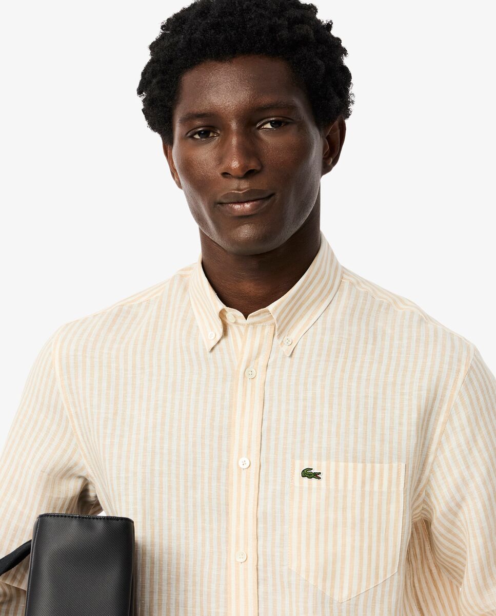 Imagen 3 de Camisa de hombre de lino de corte regular de rayas de manga larga - Blanco Blanco