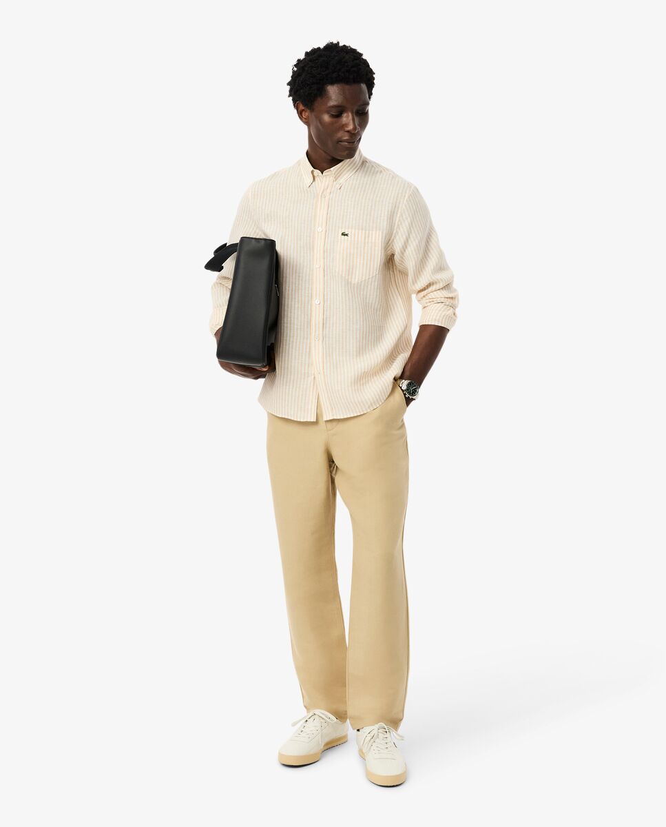 Imagen 4 de Camisa de hombre de lino de corte regular de rayas de manga larga - Blanco Blanco
