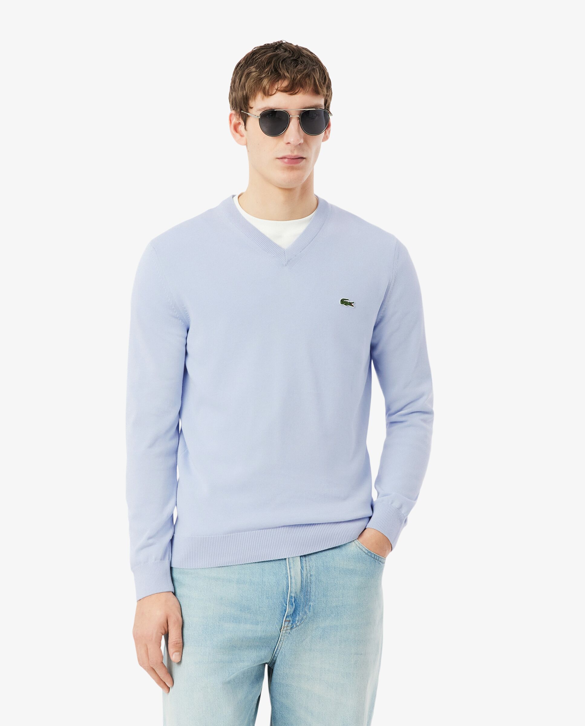 Jersey de hombre de cuello de pico de algodón monocolor - Lacoste - Azul claro Azul claro-1