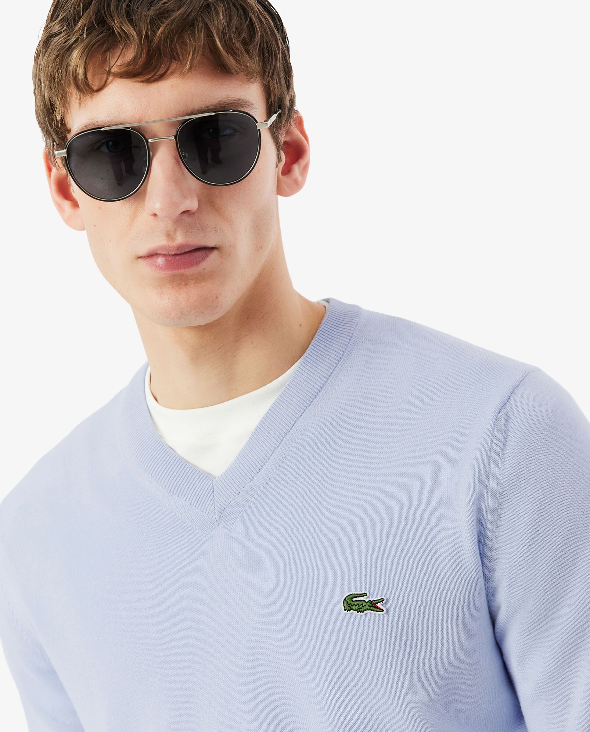Jersey de hombre de cuello de pico de algodón monocolor - Lacoste - Azul claro Azul claro-3