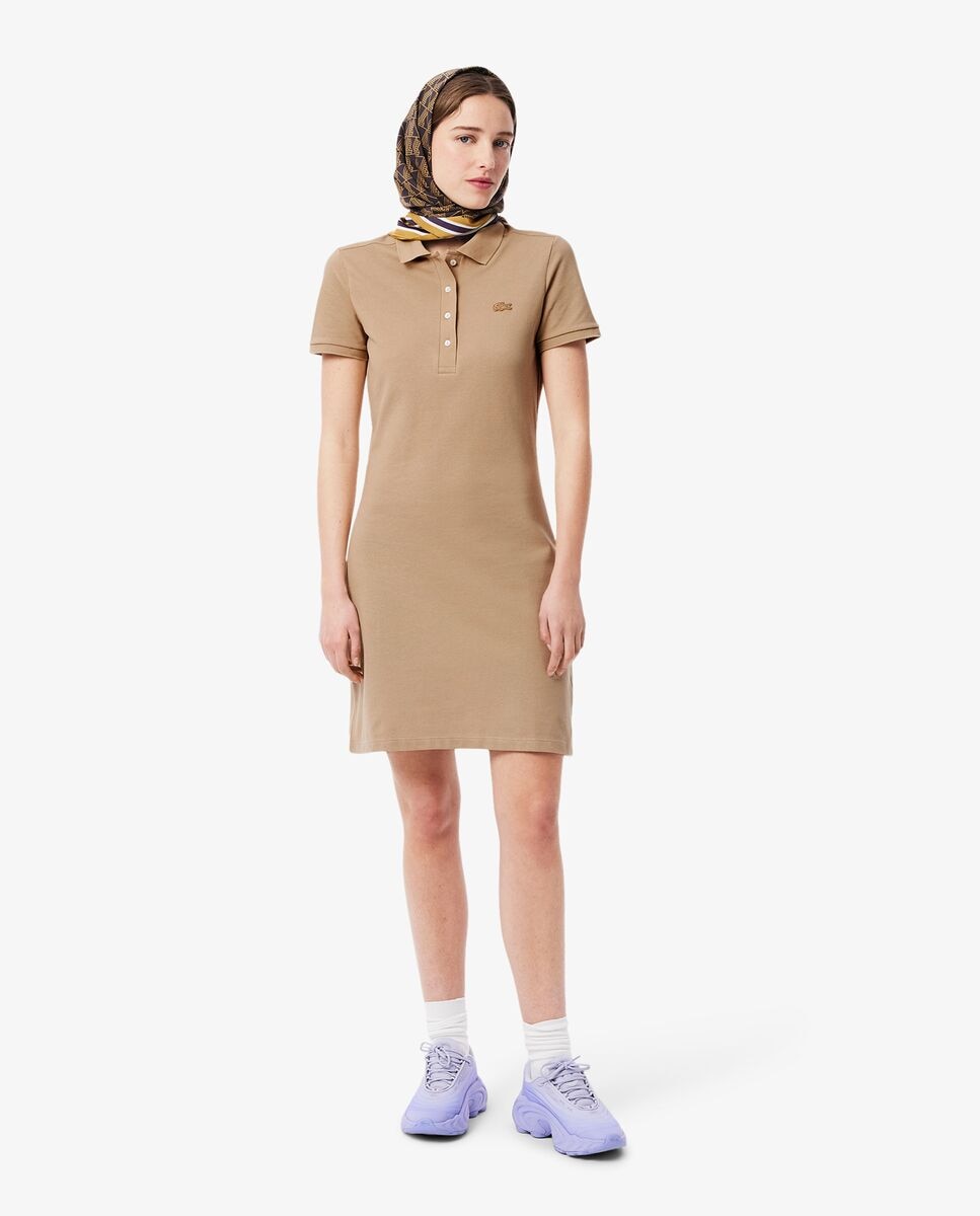 Vestido de mujer de corte ajustado de mini piqué elástico de manga corta - Lacoste - Beige Beige-1