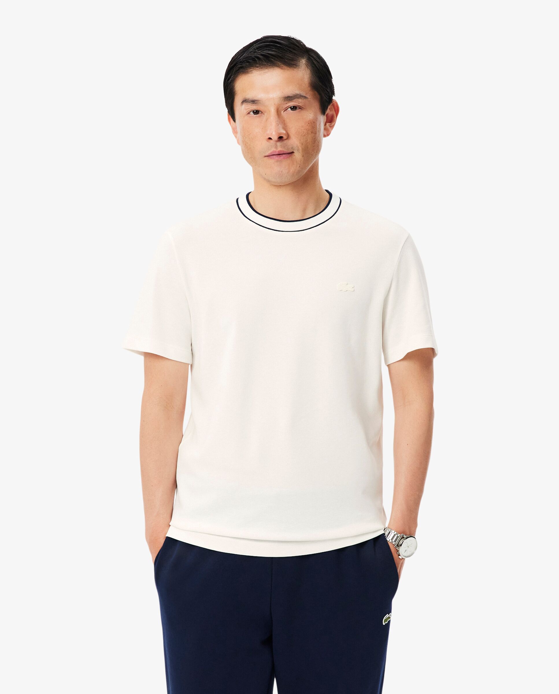 Camiseta de hombre de piqué elástico con cuello de rayas de manga corta - Lacoste - Blanco Blanco-1