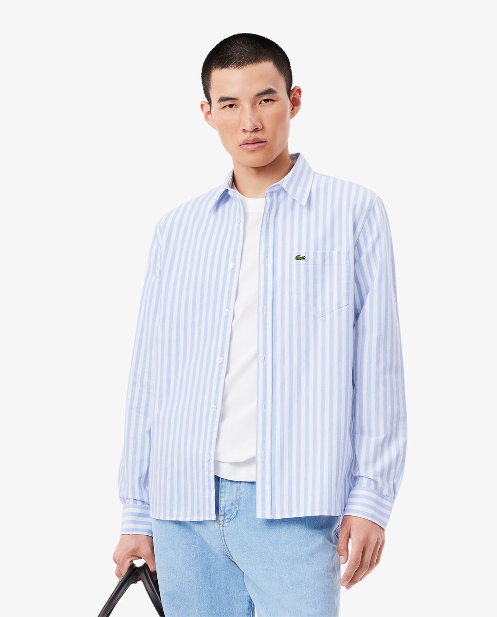 Lacoste - Camisa de hombre Oxford de corte regular de rayas de manga larga.