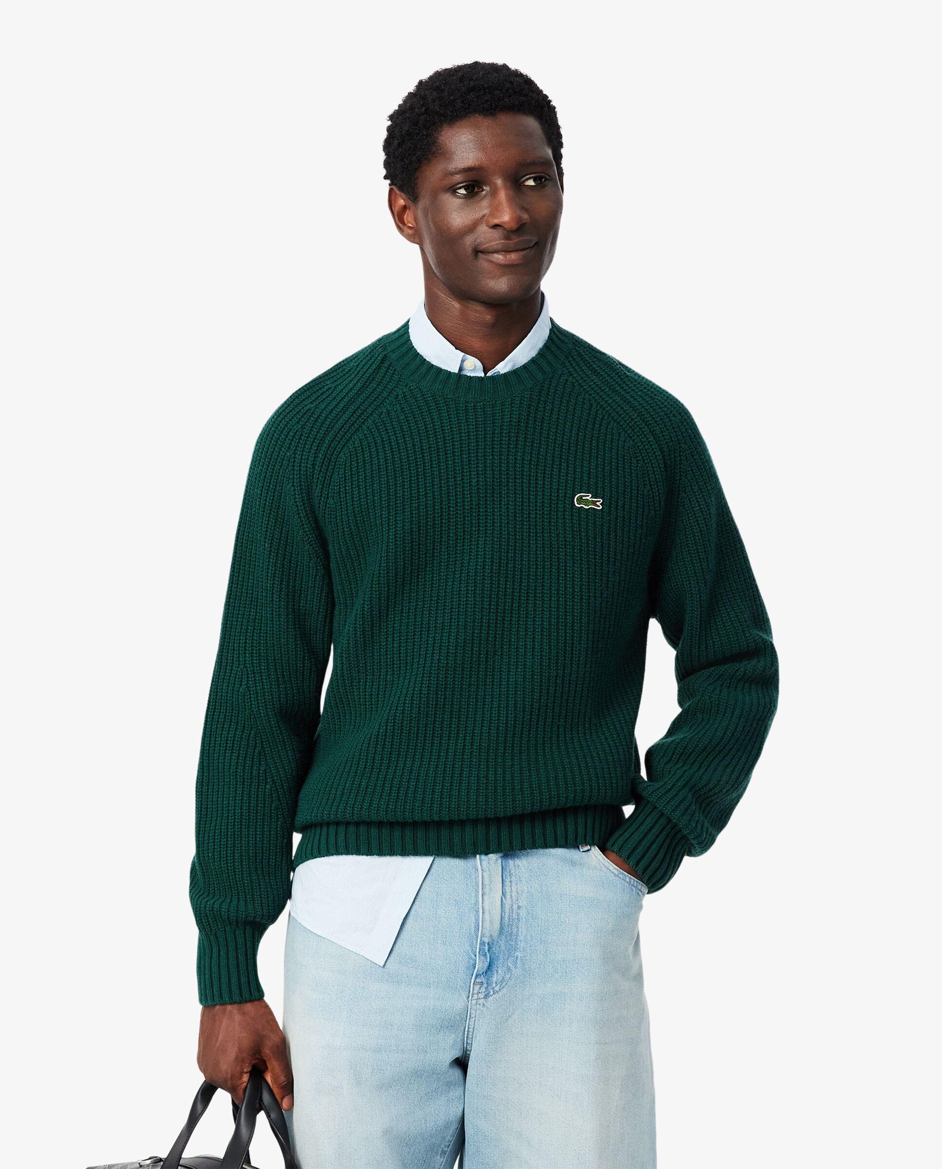 Lacoste - Jersey de hombre de cuello redondo de lana cardada gruesa.