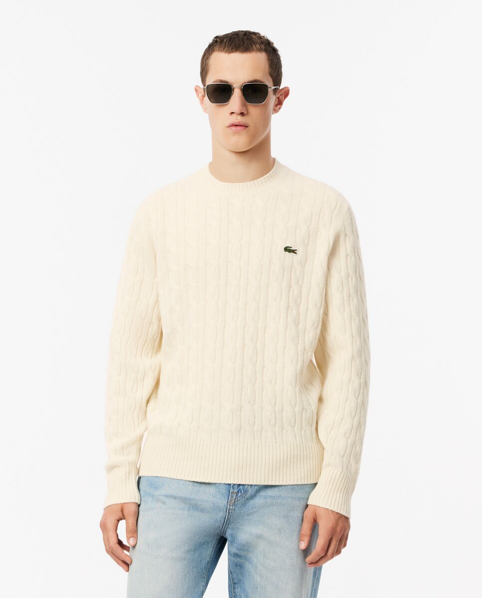 Imagen 0 de Jersey de hombre de cuello redondo de lana con motivo de ochos Beige / Blanco