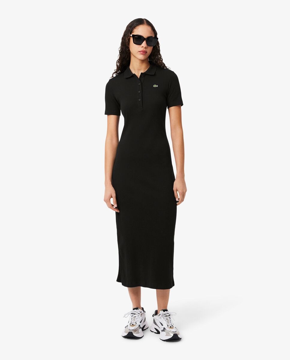 Vestido polo largo de canalé de algodón de manga corta - Lacoste - Negro Negro-2
