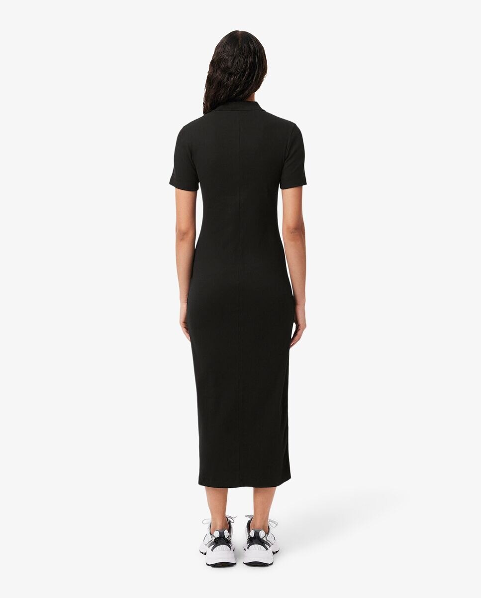 Vestido polo largo de canalé de algodón de manga corta - Lacoste - Negro Negro-3