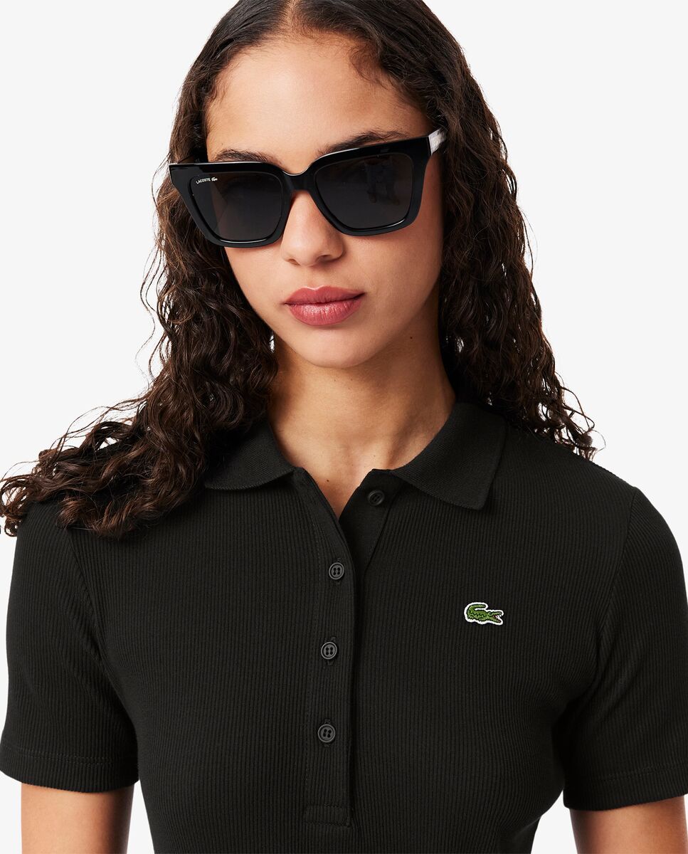 Vestido polo largo de canalé de algodón de manga corta - Lacoste - Negro Negro-4
