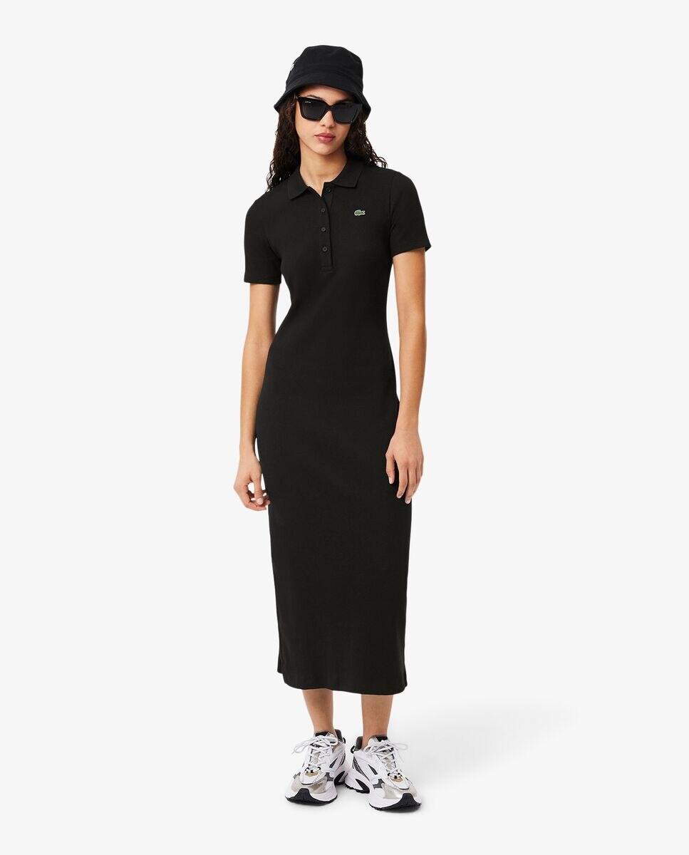 Vestido polo largo de canalé de algodón de manga corta - Lacoste - Negro Negro-5