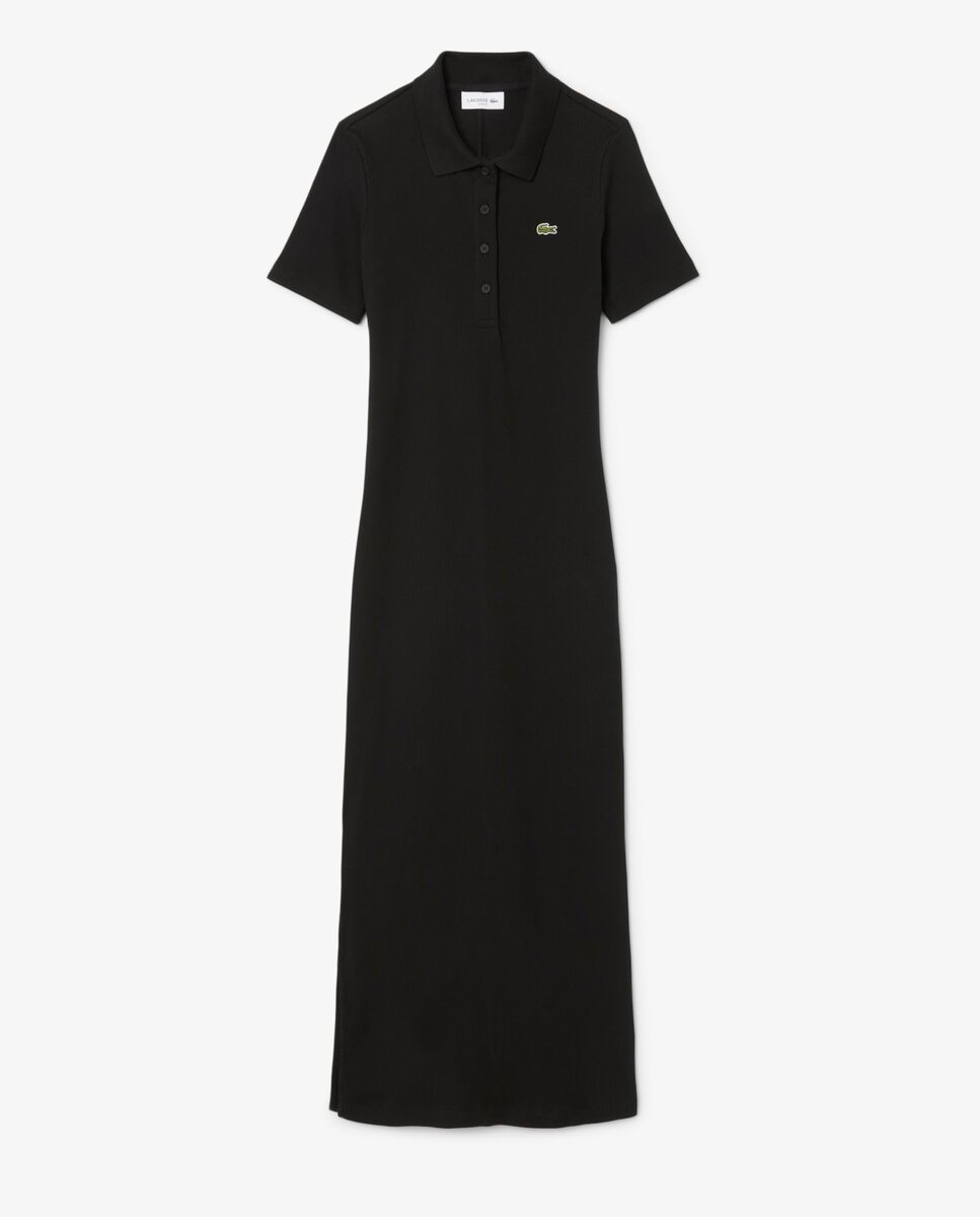 Vestido polo largo de canalé de algodón de manga corta - Lacoste - Negro Negro-6