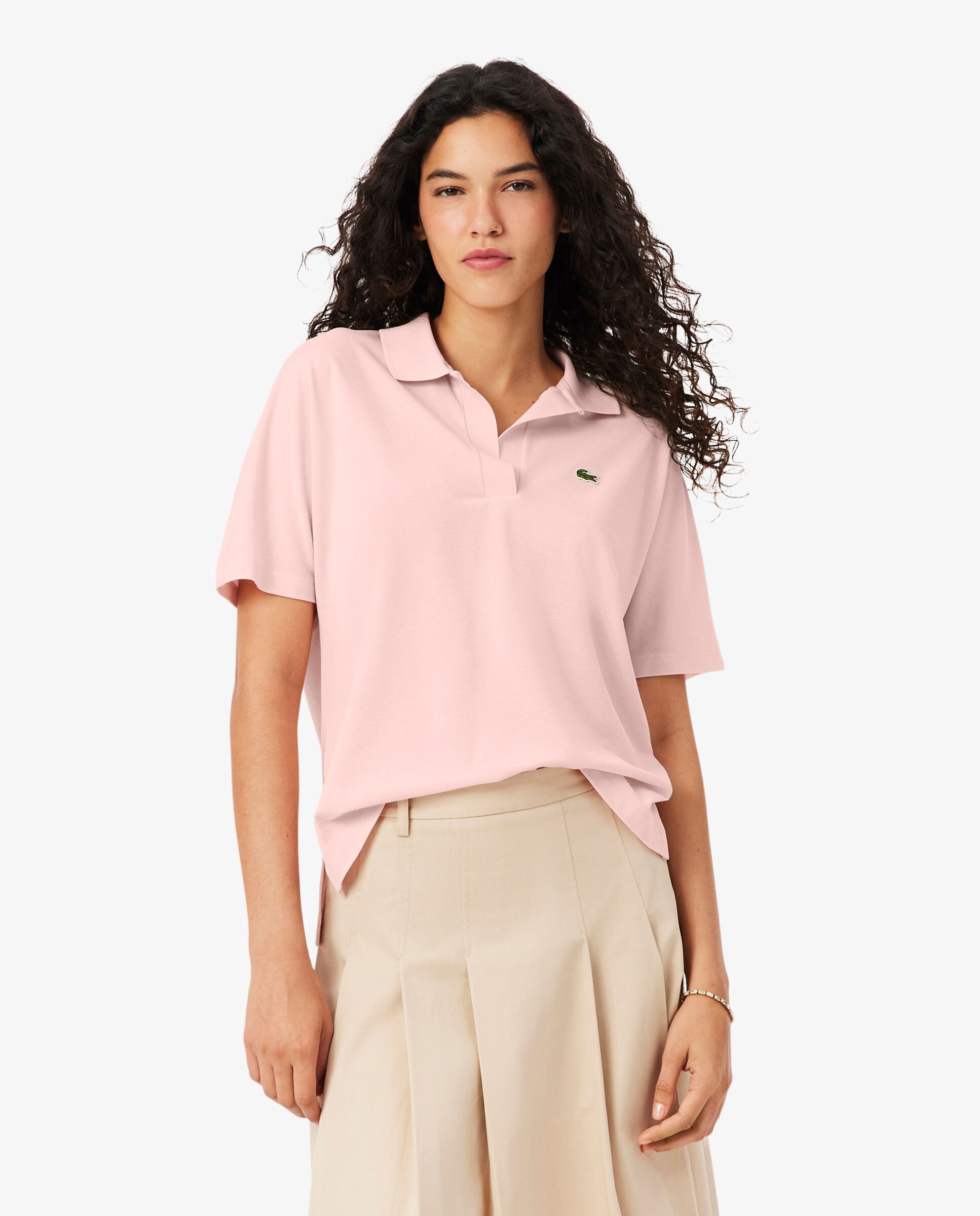 Polo de mujer de corte holgado de piqué vaporoso en negro de manga corta - Lacoste - Rosa Rosa-1