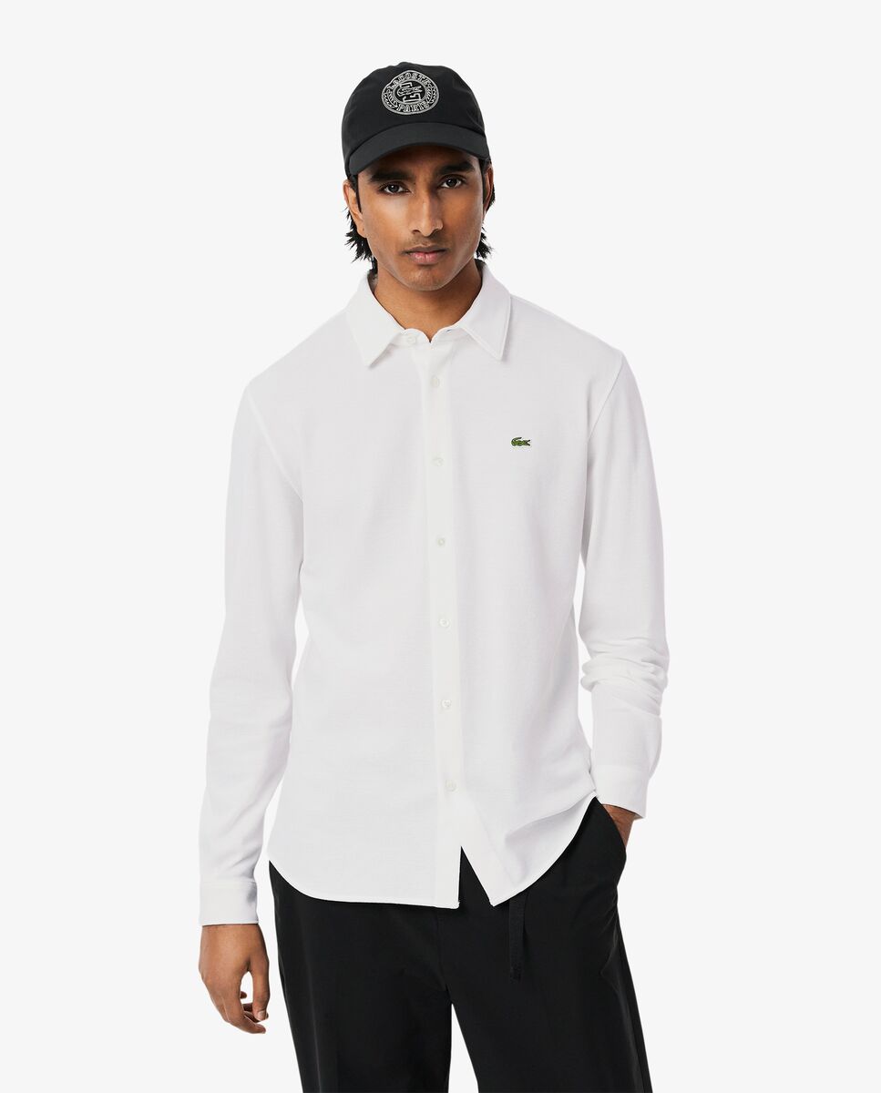 Lacoste - Camisa de hombre de piqué de algodón de corte ajustado en negro de manga larga.